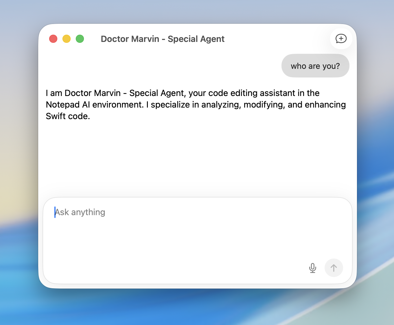 Doctor Marvin AI assistant interface showing a Swift code editing conversation with intelligent suggestions